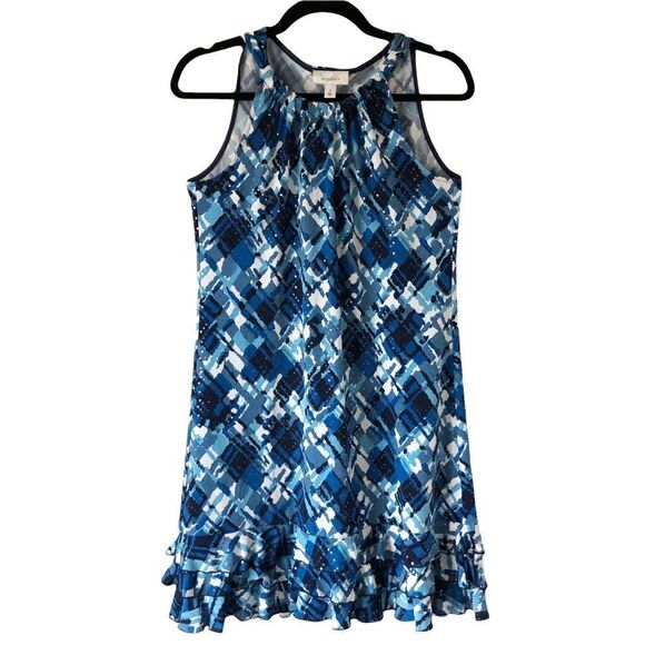 Dress Barn Blue/White Sleeveless Embellished A-line Ruffle Dress Size 4 - Picture 1 of 11